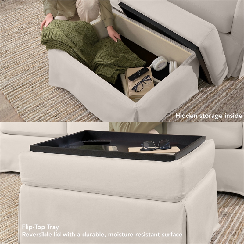 Pemberly Row Storage Ottoman with Tray and Slipcover in Ivory Basketweave Fabric