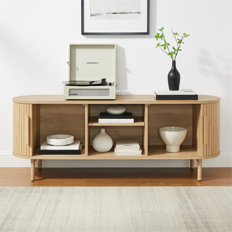 Pemberly Row Contemporary Wood Record Storage Media Console in Ash