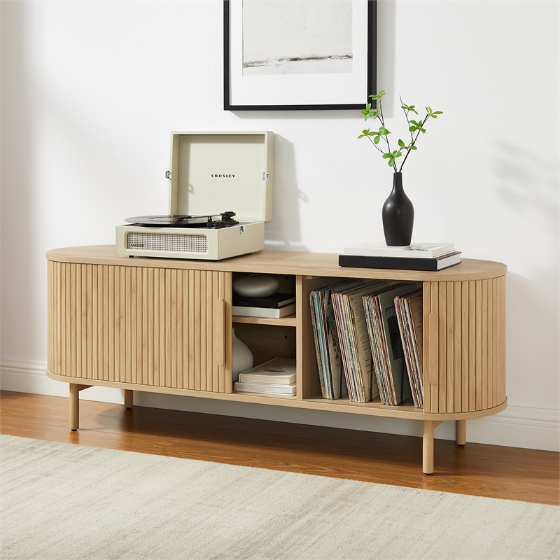 Pemberly Row Contemporary Wood Record Storage Media Console in Ash