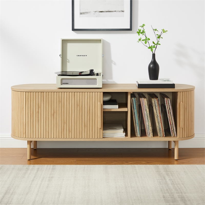 Pemberly Row Contemporary Wood Record Storage Media Console in Ash
