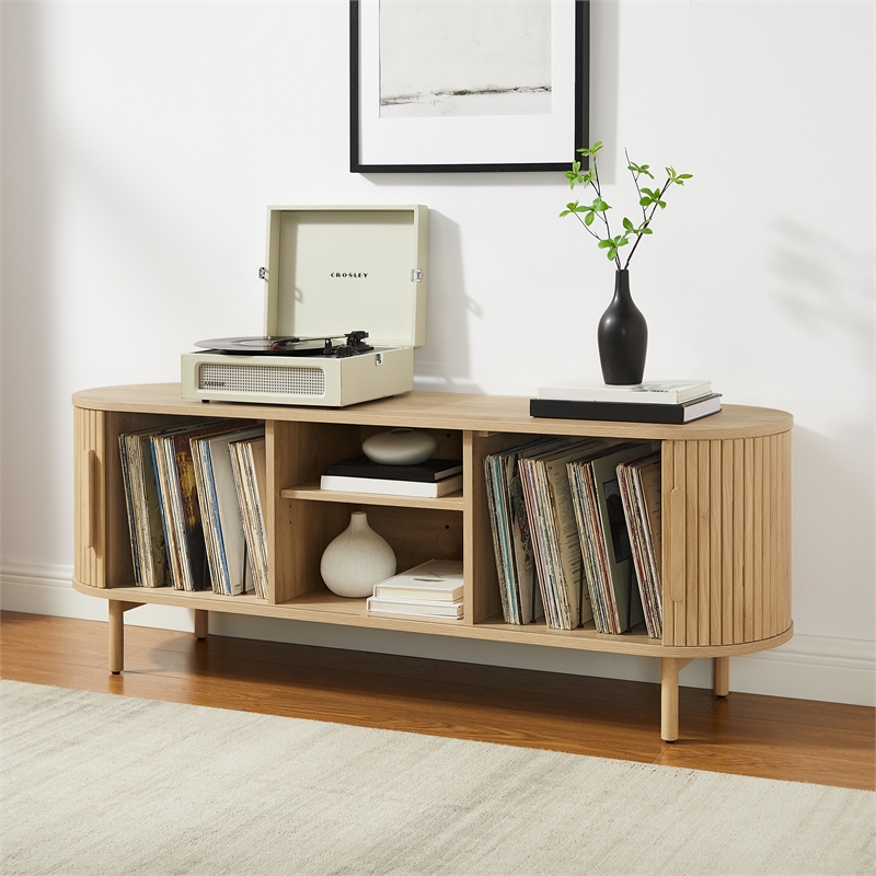 Pemberly Row Contemporary Wood Record Storage Media Console in Ash