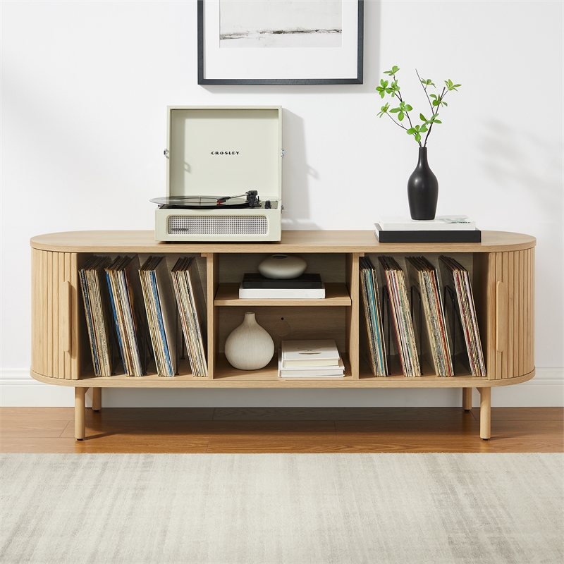 Pemberly Row Contemporary Wood Record Storage Media Console in Ash