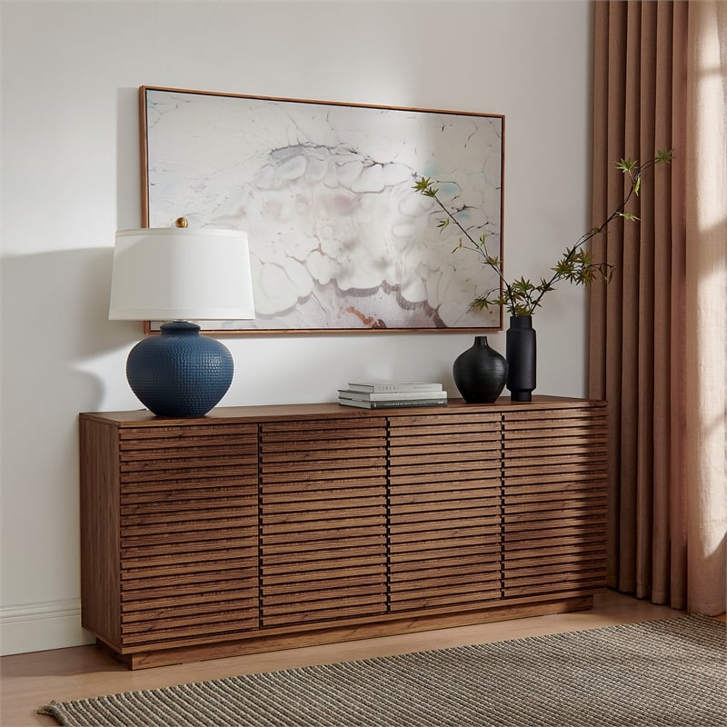 Pemberly Row Wood 4-Door Fluted Sideboard Cabinet TV Stand in Walnut