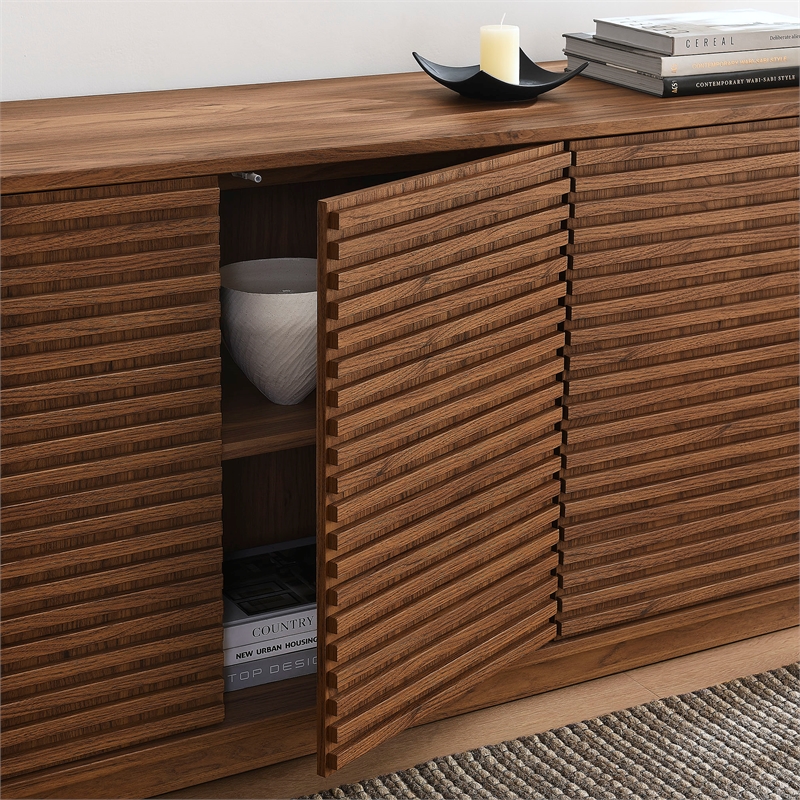 Pemberly Row Wood 4-Door Fluted Sideboard Cabinet TV Stand in Walnut