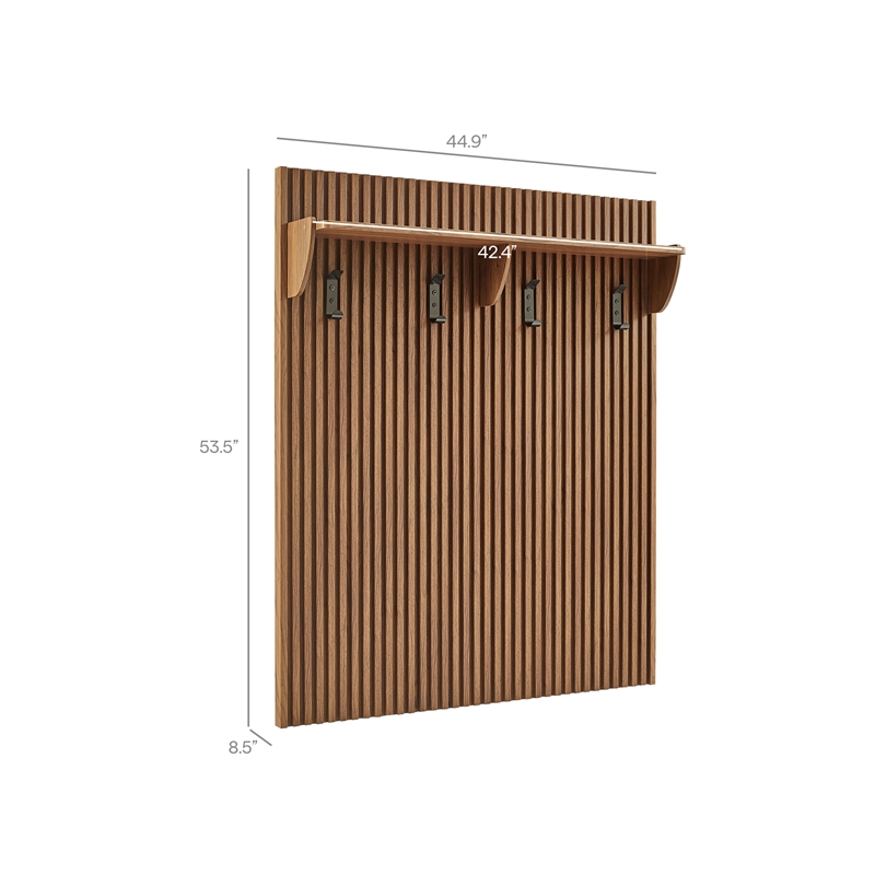 Pemberly Row Contemporary Wood Fluted Coat Rack Panel With Shelf in Walnut