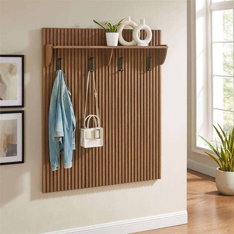 Pemberly Row Contemporary Wood Fluted Coat Rack Panel With Shelf in Walnut
