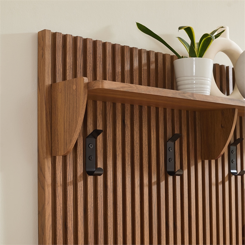 Pemberly Row Contemporary Wood Fluted Coat Rack Panel With Shelf in Walnut