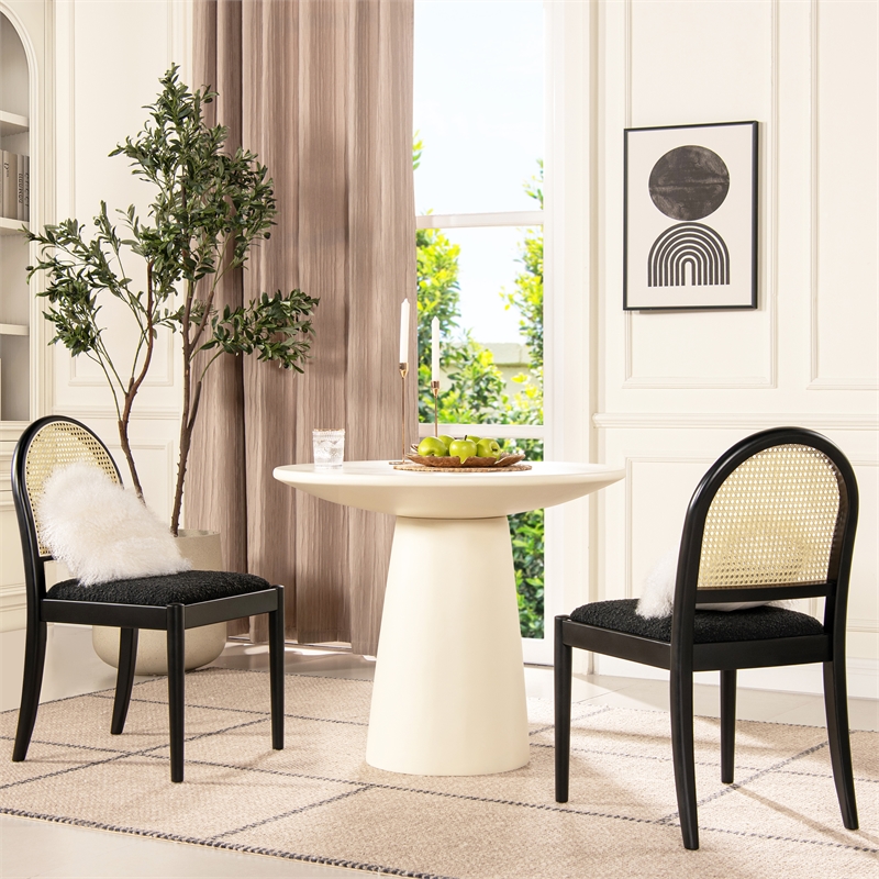 Pemberly Row Panama Curved Cane Side Chair Set of 2 in Black Boucle