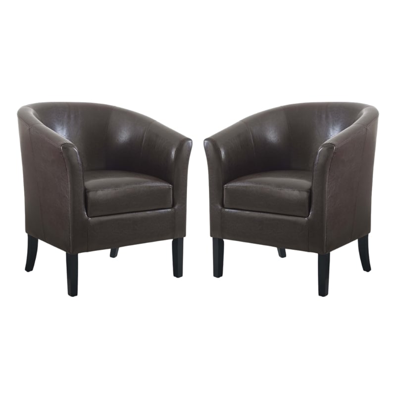 Pemberly Row Set of 2 Upholstered Club Chairs in Brown Faux Leather