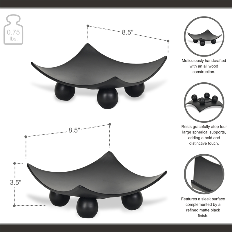 Pemberly Row Curved Black Wood Tray with Decorative Orbs