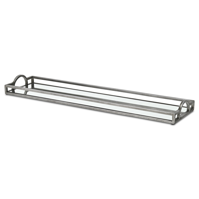 Pemberly Row Slim Rectangular Mirrored Tray with Silver Metal Frame