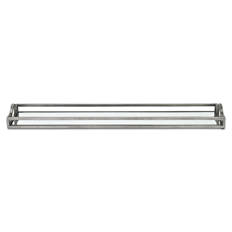 Pemberly Row Slim Rectangular Mirrored Tray with Silver Metal Frame