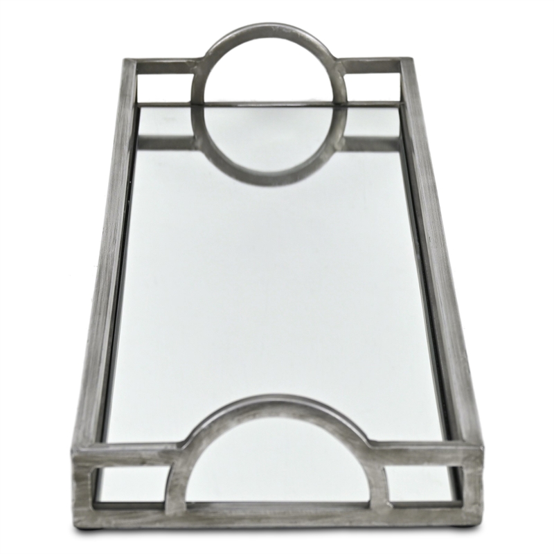 Pemberly Row Slim Rectangular Mirrored Tray with Silver Metal Frame