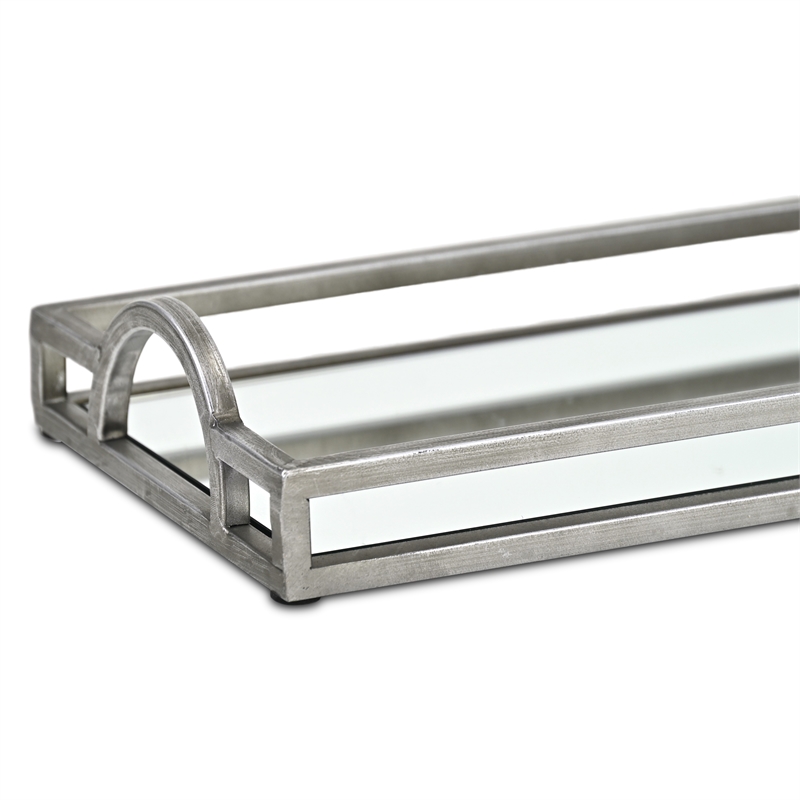 Pemberly Row Slim Rectangular Mirrored Tray with Silver Metal Frame