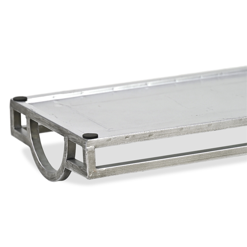 Pemberly Row Slim Rectangular Mirrored Tray with Silver Metal Frame