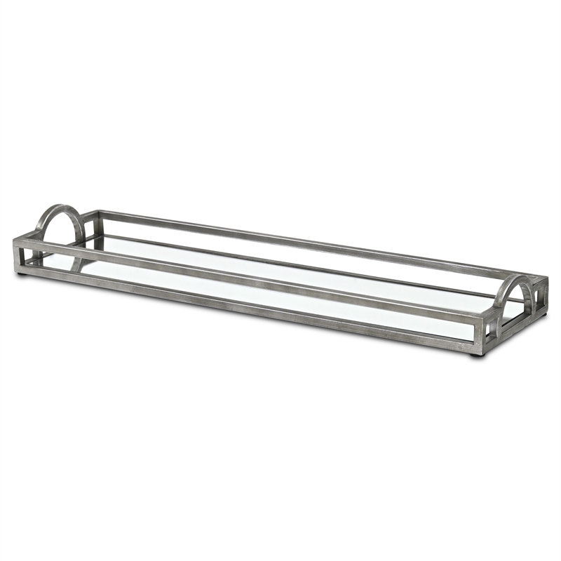 Pemberly Row Slim Rectangular Mirrored Tray with Silver Metal Frame