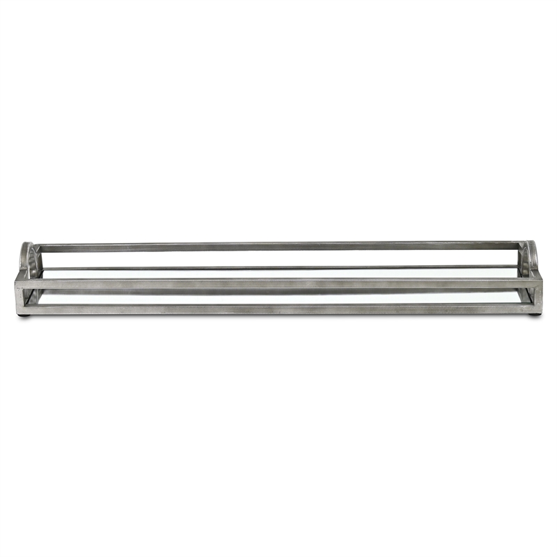 Pemberly Row Slim Rectangular Mirrored Tray with Silver Metal Frame