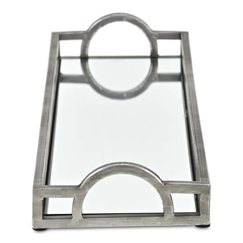 Pemberly Row Slim Rectangular Mirrored Tray with Silver Metal Frame