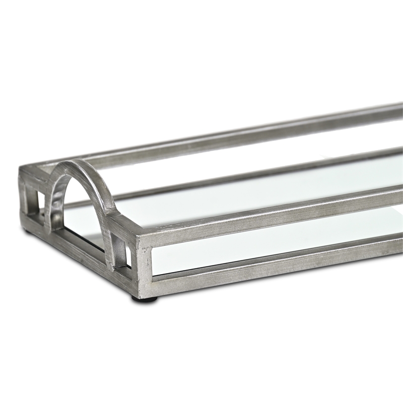 Pemberly Row Slim Rectangular Mirrored Tray with Silver Metal Frame