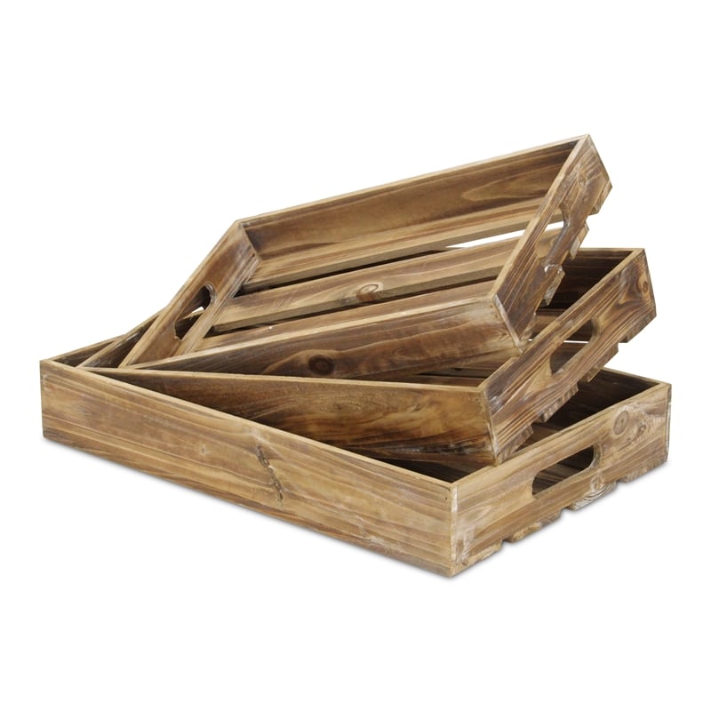 Pemberly Row Set of 3 Slatted Wood Trays with Brown Finish
