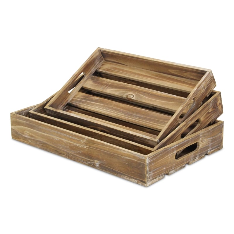 Pemberly Row Set of 3 Slatted Wood Trays with Brown Finish