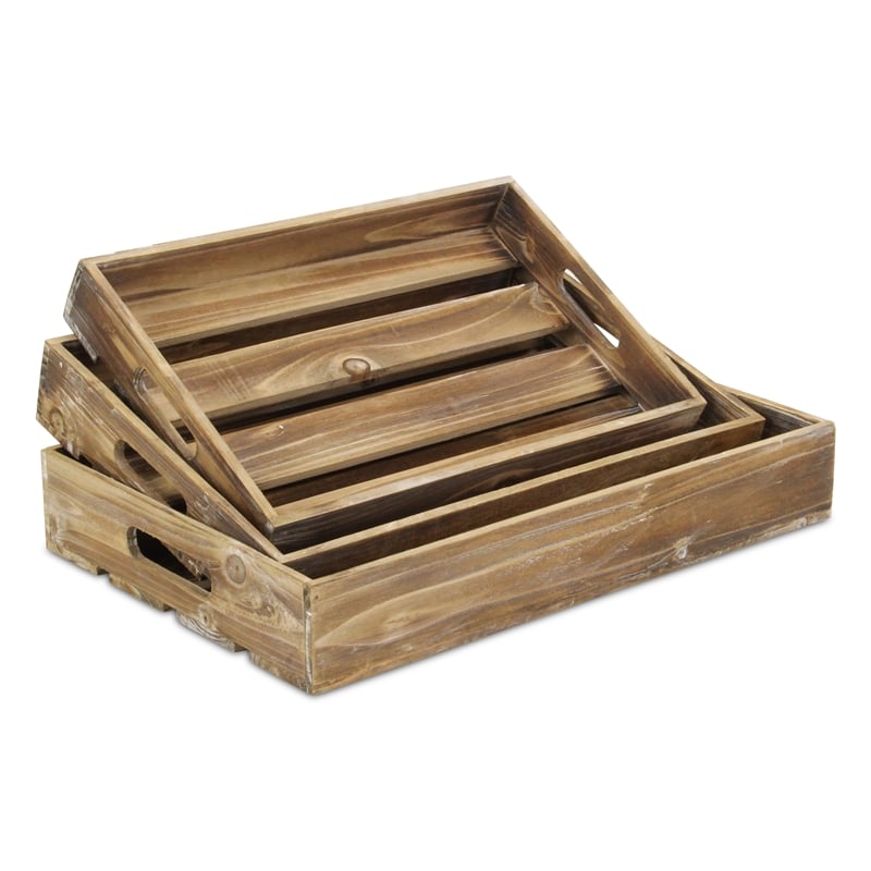 Pemberly Row Set of 3 Slatted Wood Trays with Brown Finish