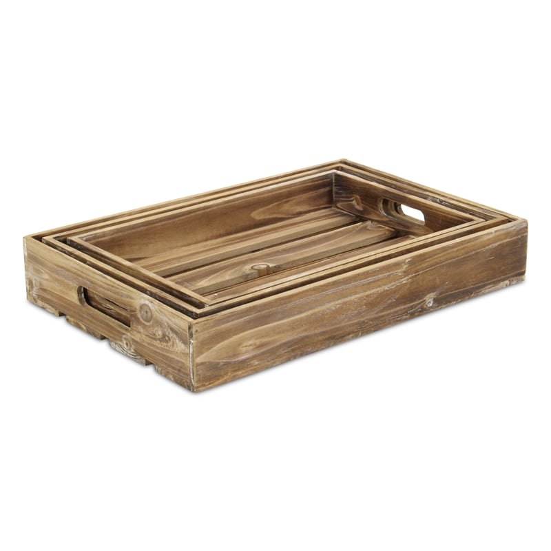 Pemberly Row Set of 3 Slatted Wood Trays with Brown Finish