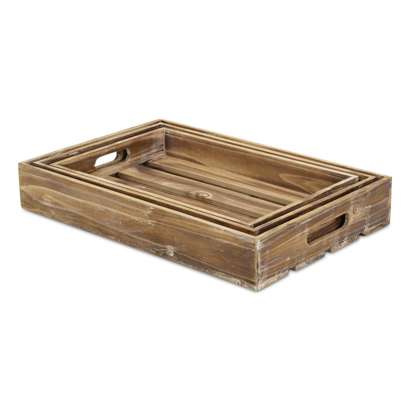 Pemberly Row Set of 3 Slatted Wood Trays with Brown Finish