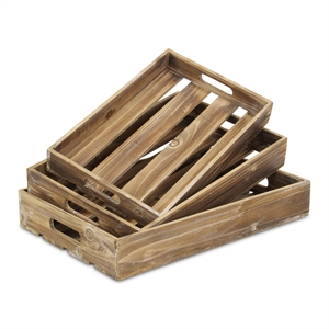 Pemberly Row Set of 3 Slatted Wood Trays with Brown Finish