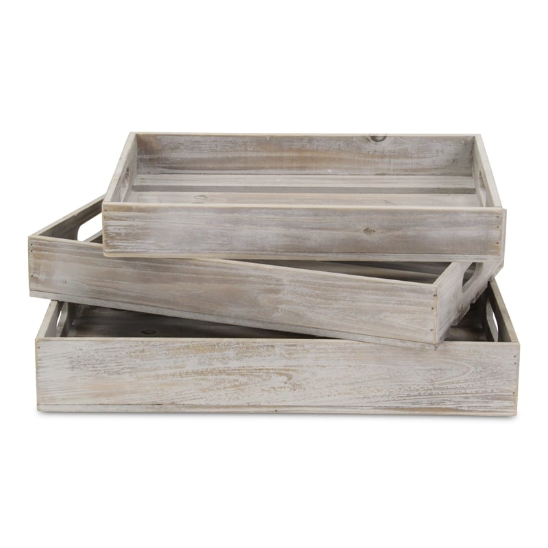 Pemberly Row Set of 3 Slatted Wood Trays in Gray Wash Finish
