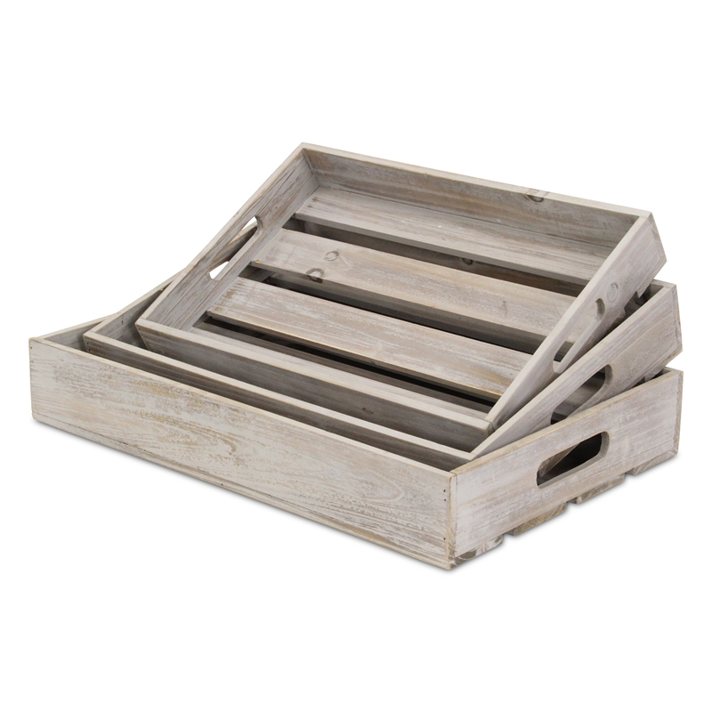 Pemberly Row Set of 3 Slatted Wood Trays in Gray Wash Finish