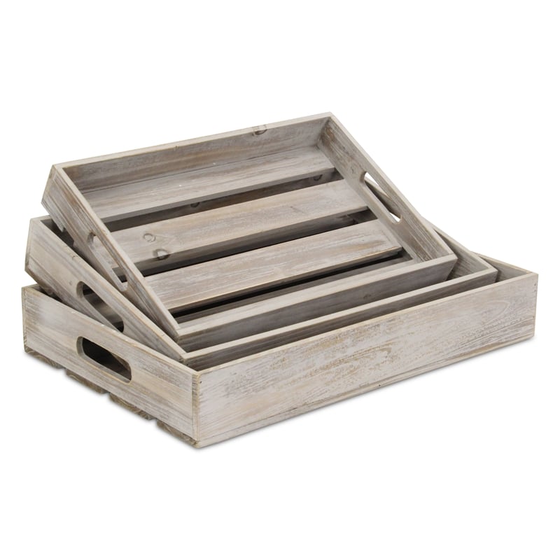 Pemberly Row Set of 3 Slatted Wood Trays in Gray Wash Finish