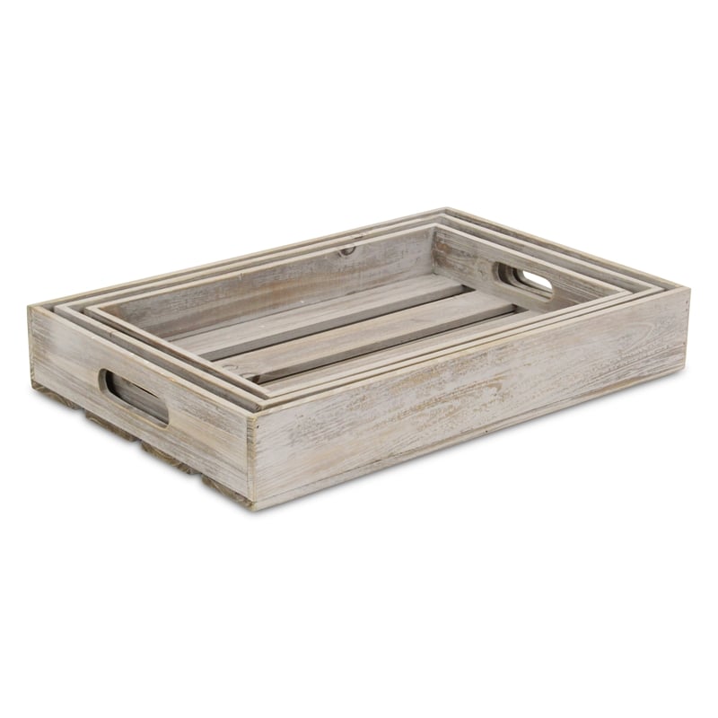 Pemberly Row Set of 3 Slatted Wood Trays in Gray Wash Finish