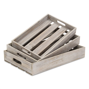 Pemberly Row Set of 3 Slatted Wood Trays in Gray Wash Finish