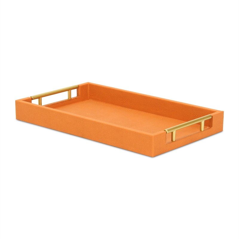 Pemberly Row Lusan Vinyl Tray in Orange Shagreen with Metal Handles