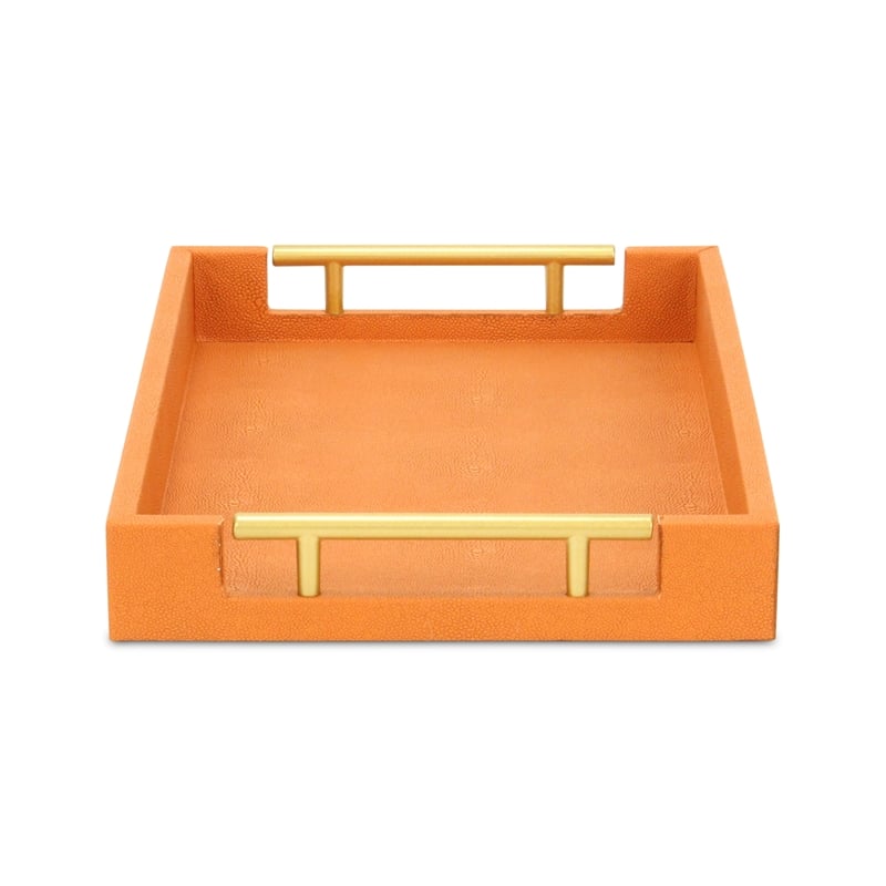 Pemberly Row Lusan Vinyl Tray in Orange Shagreen with Metal Handles