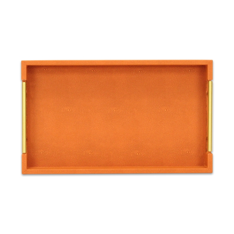 Pemberly Row Lusan Vinyl Tray in Orange Shagreen with Metal Handles