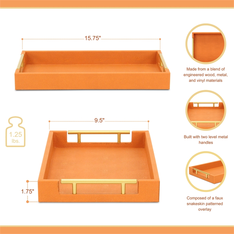 Pemberly Row Lusan Vinyl Tray in Orange Shagreen with Metal Handles