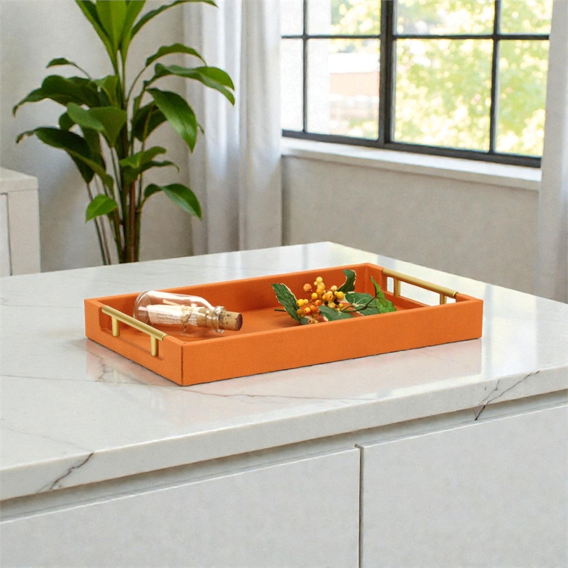 Pemberly Row Lusan Vinyl Tray in Orange Shagreen with Metal Handles