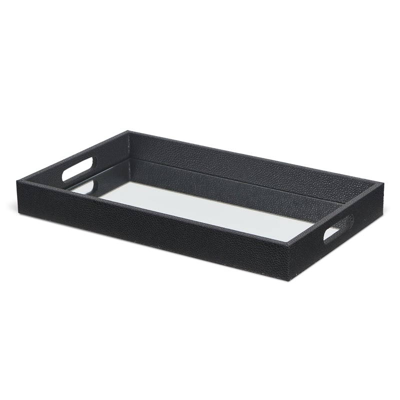Pemberly Row Labai Shagreen Mirrored Tray in Black with Center Mirror