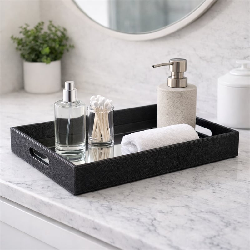 Pemberly Row Labai Shagreen Mirrored Tray in Black with Center Mirror