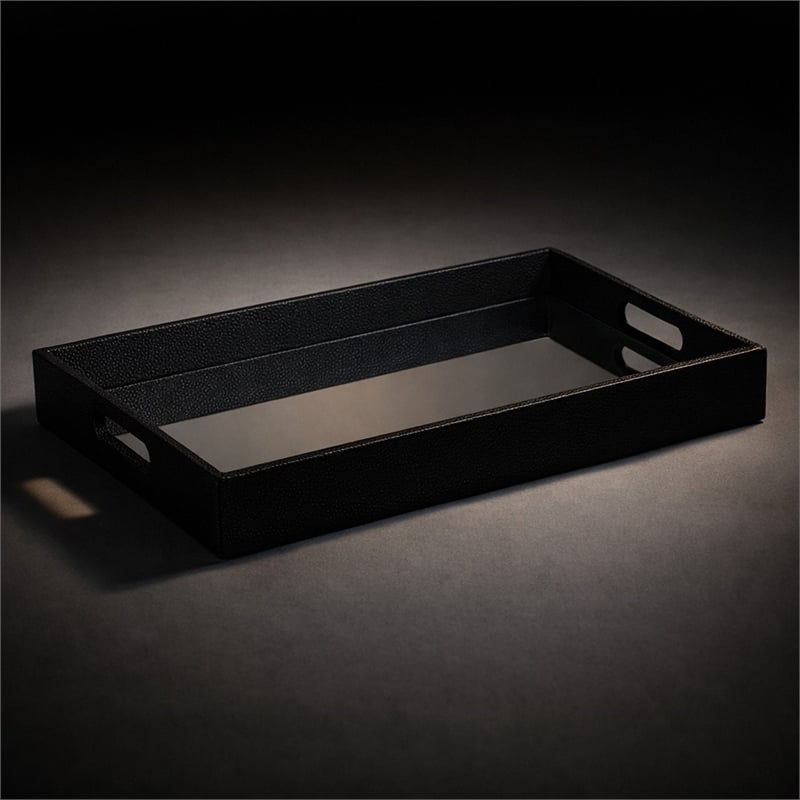 Pemberly Row Labai Shagreen Mirrored Tray in Black with Center Mirror