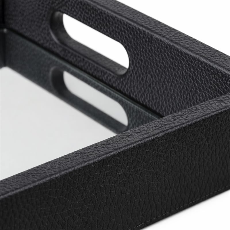 Pemberly Row Labai Shagreen Mirrored Tray in Black with Center Mirror