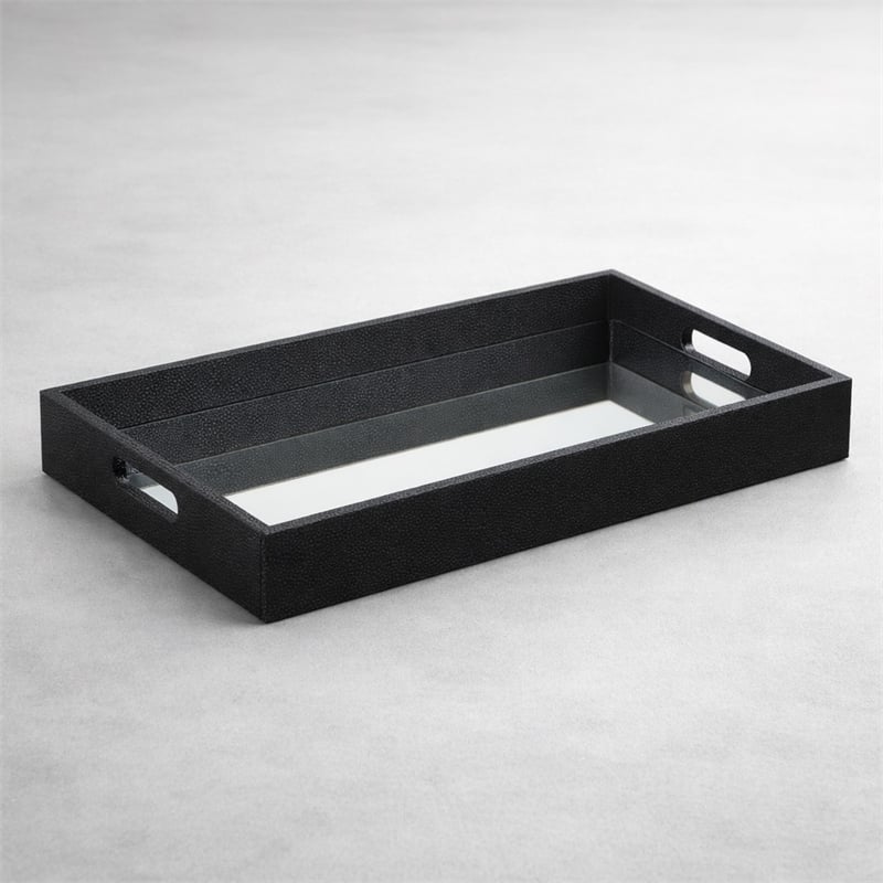 Pemberly Row Labai Shagreen Mirrored Tray in Black with Center Mirror