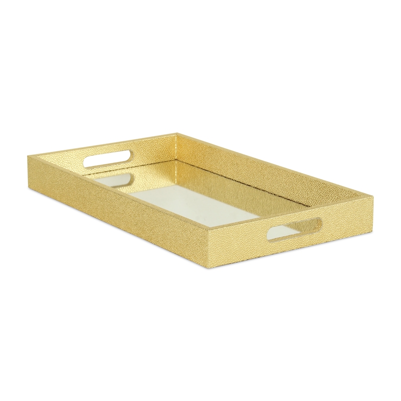 Pemberly Row Labai Shagreen Tray with Gold Overlay and Center Mirror