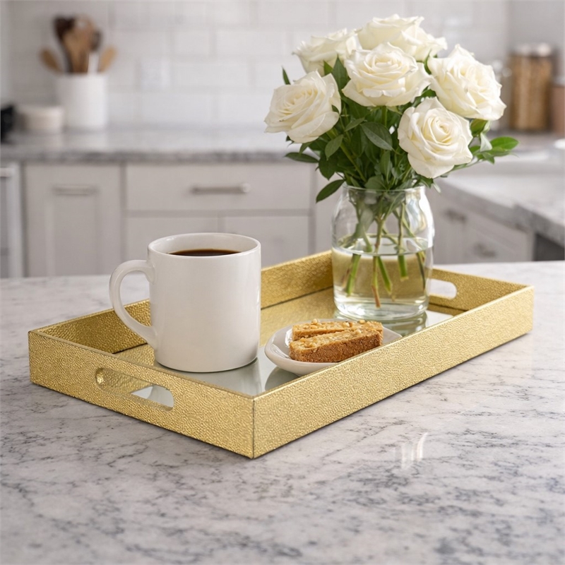 Pemberly Row Labai Shagreen Tray with Gold Overlay and Center Mirror