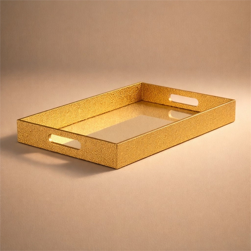 Pemberly Row Labai Shagreen Tray with Gold Overlay and Center Mirror