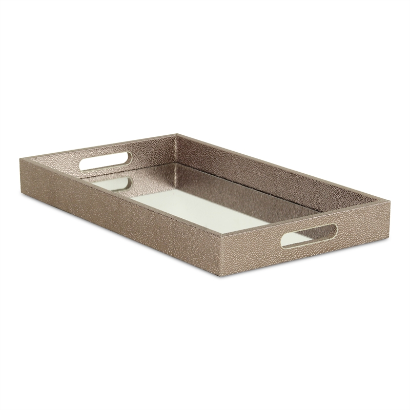 Pemberly Row Labai Gray Shagreen Tray with Mirror and Cut-Out Handles