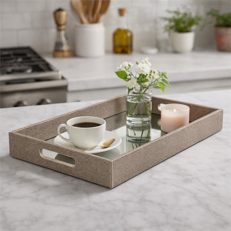 Pemberly Row Labai Gray Shagreen Tray with Mirror and Cut-Out Handles