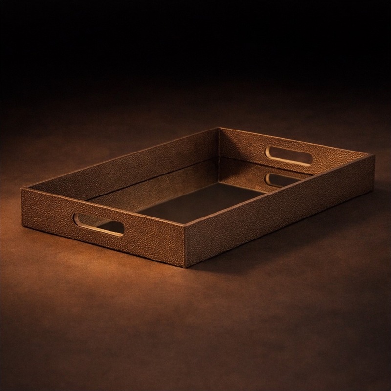 Pemberly Row Labai Gray Shagreen Tray with Mirror and Cut-Out Handles